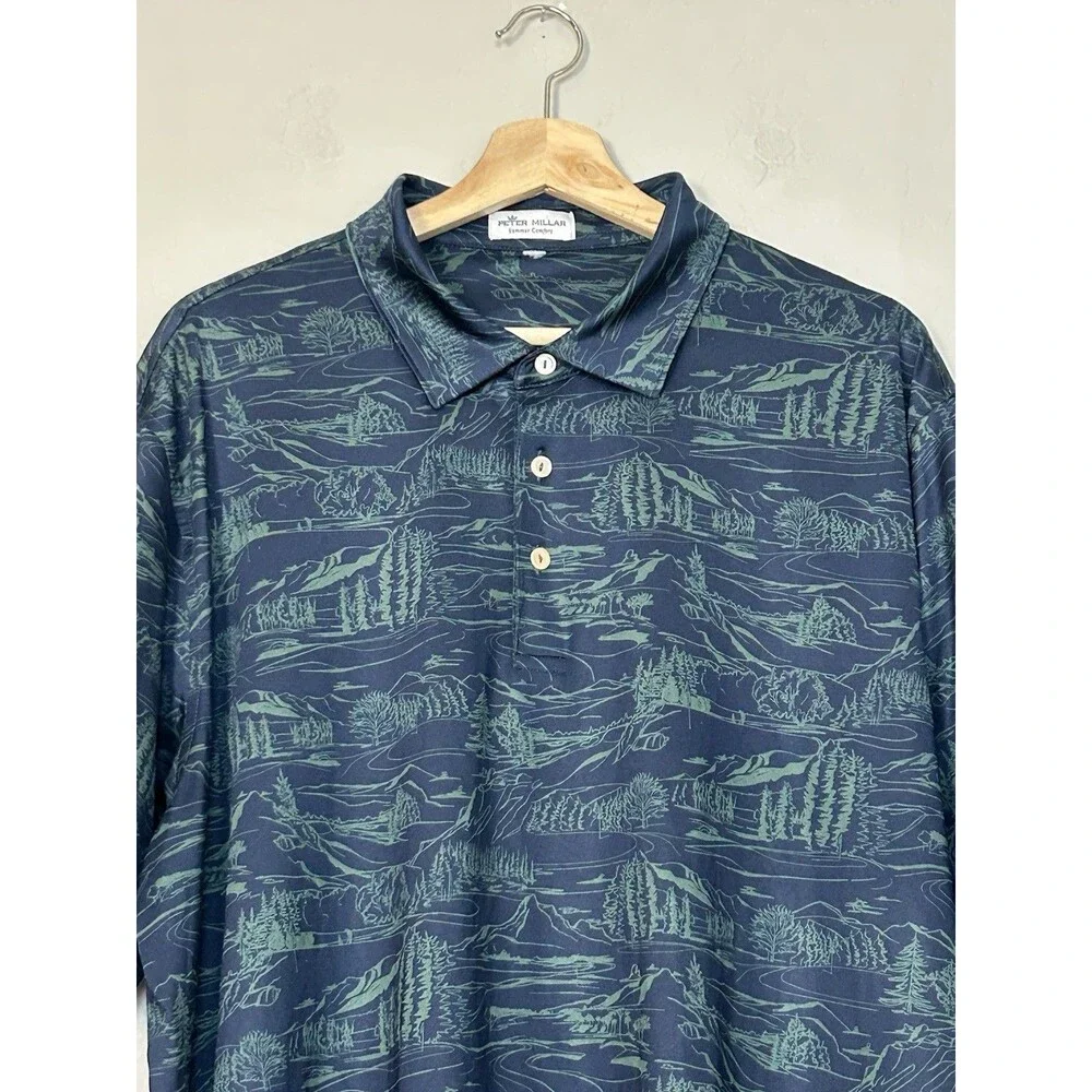 Peter Millar Summer Comfort Golf Polo Shirt Mens 2XL XXL Navy Green Scenic Print